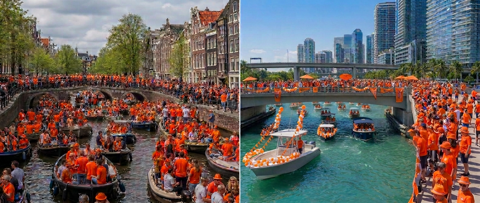 Split view: Amsterdam King's Day canals crowded with orange boats, and the Miami River with the Brickell skyline